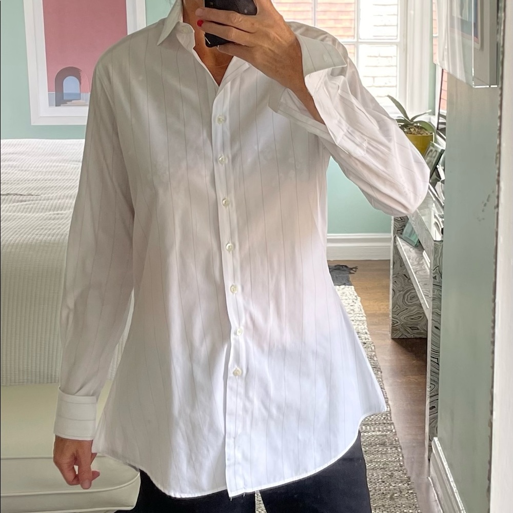 Custom Button Up Shirt with Wide Tan Pin Stripe NWT